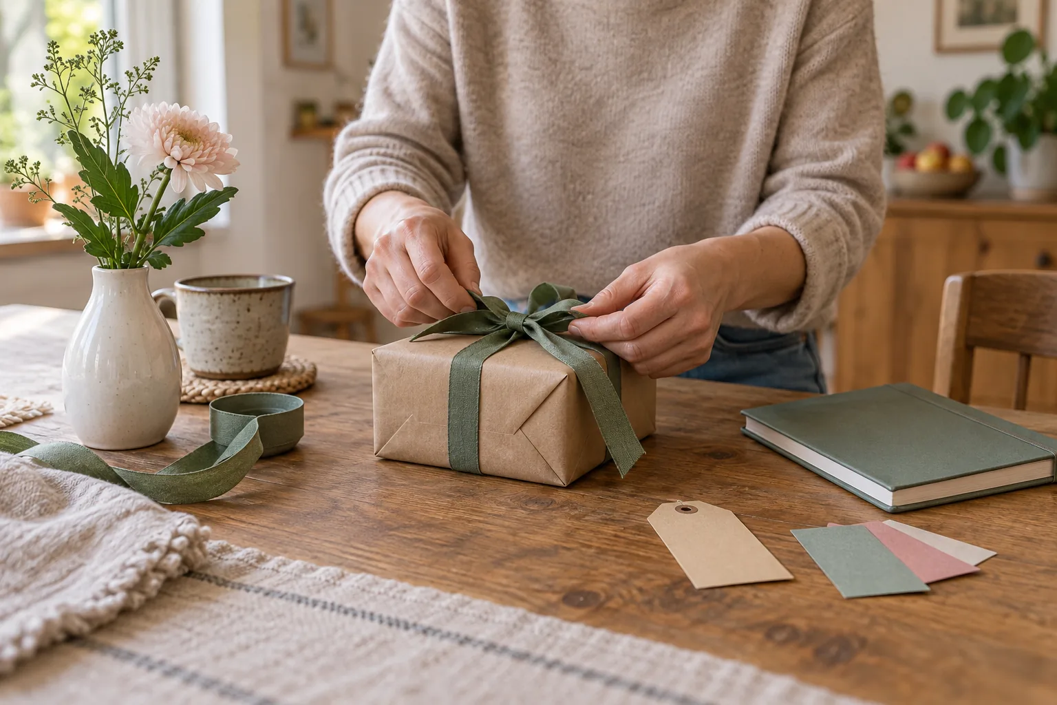 Hände beim Einpacken eines kleinen Geschenks mit grünem Band auf einem Tisch mit neutralem Notizbuch